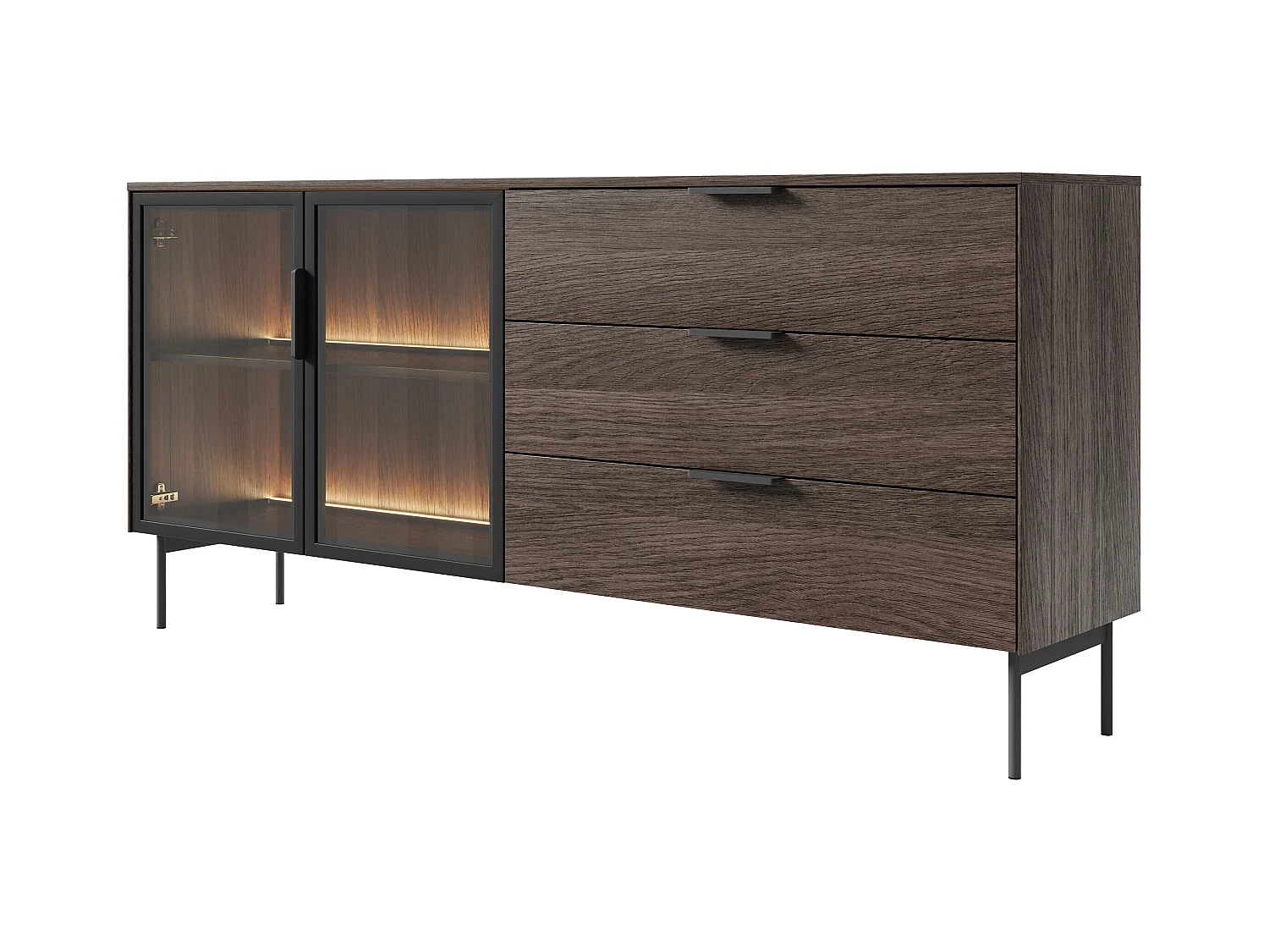 Buffet 2 portes et 3 tiroirs avec LEDs - Naturel et noir - FOGLERI