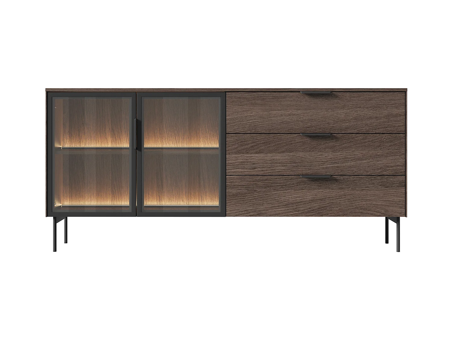 Buffet 2 portes et 3 tiroirs avec LEDs - Naturel et noir - FOGLERI