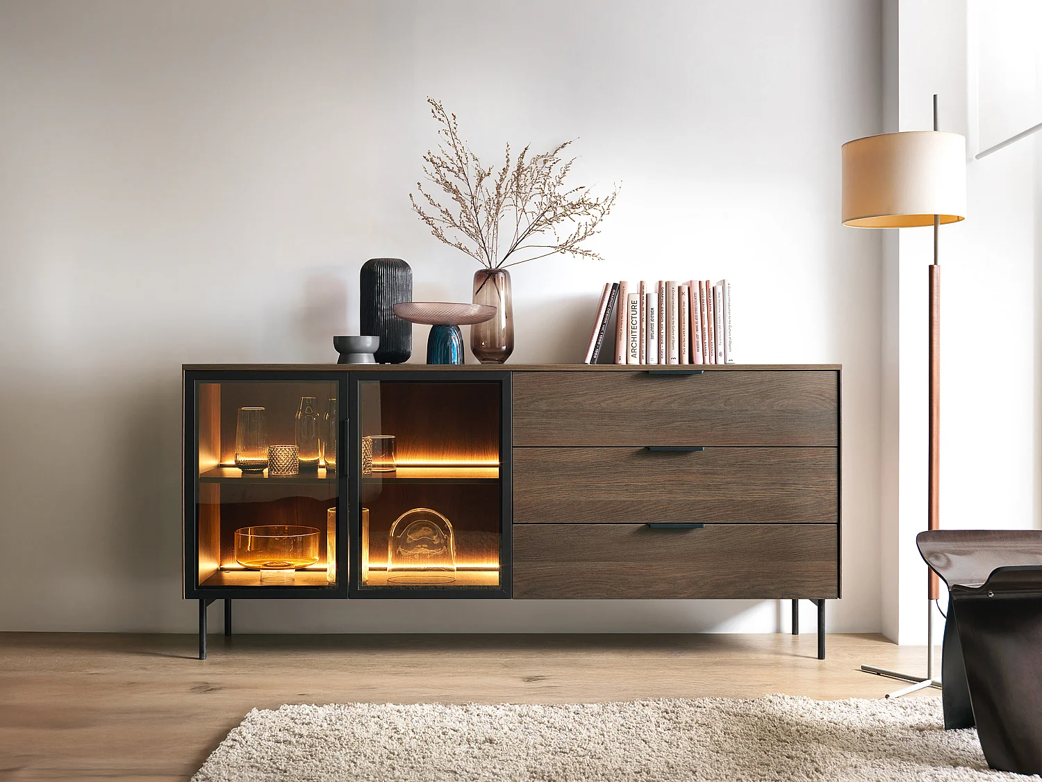 Buffet 2 portes et 3 tiroirs avec LEDs - Naturel et noir - FOGLERI