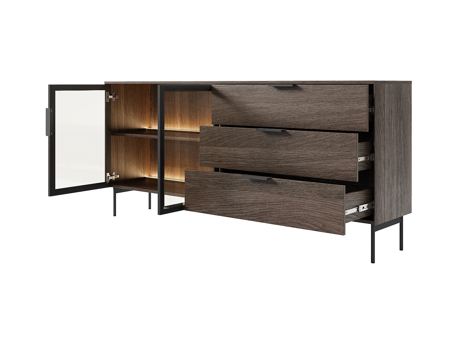 Buffet 2 portes et 3 tiroirs avec LEDs - Naturel et noir - FOGLERI