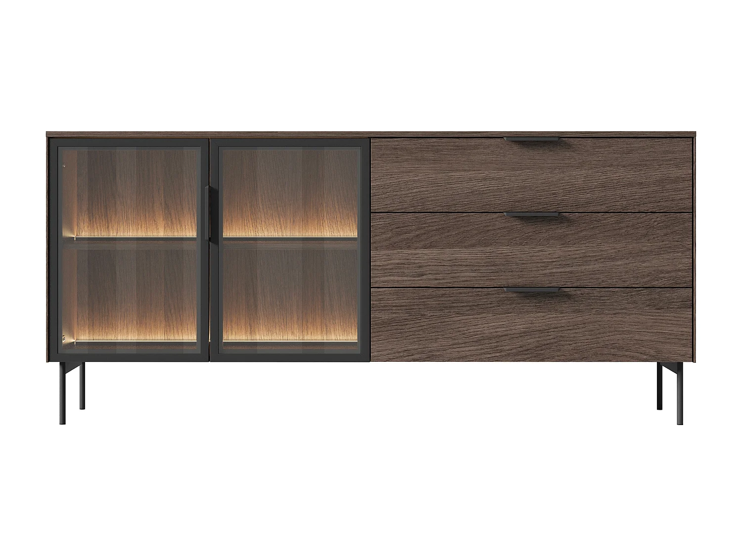 Buffet 2 portes et 3 tiroirs avec LEDs - Naturel et noir - FOGLERI