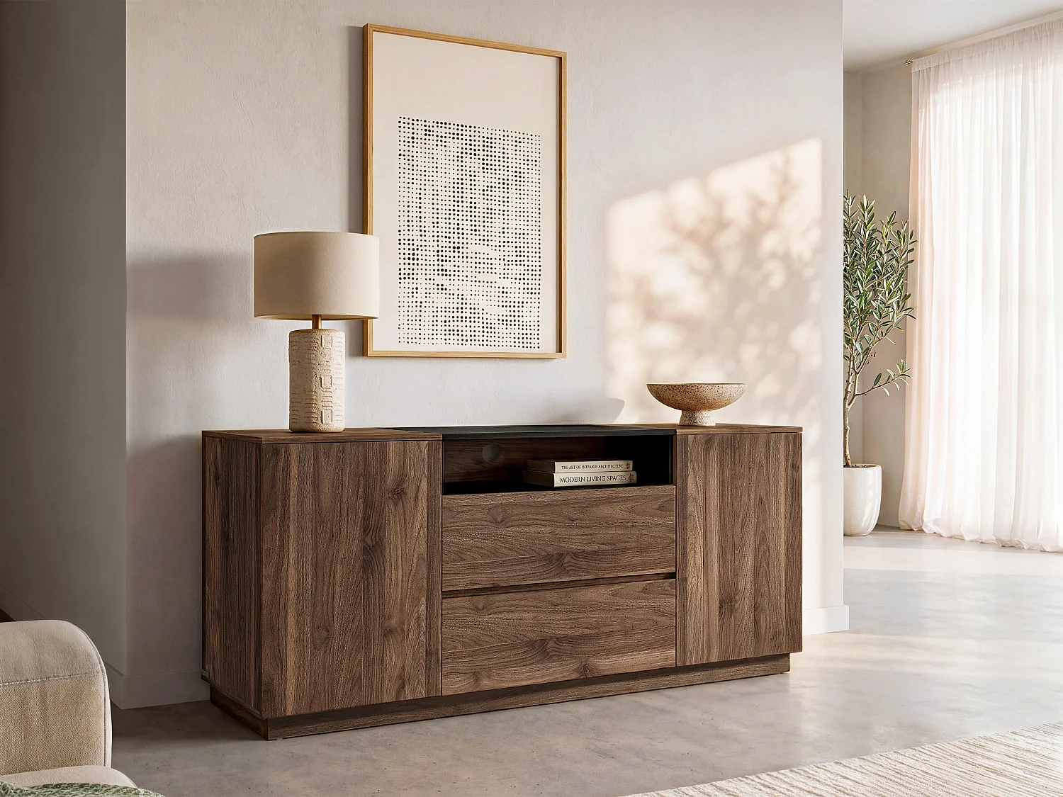 Sideboard with 2 doors, 2 drawers and 1 niche - Dark natural and black - CEMILINA