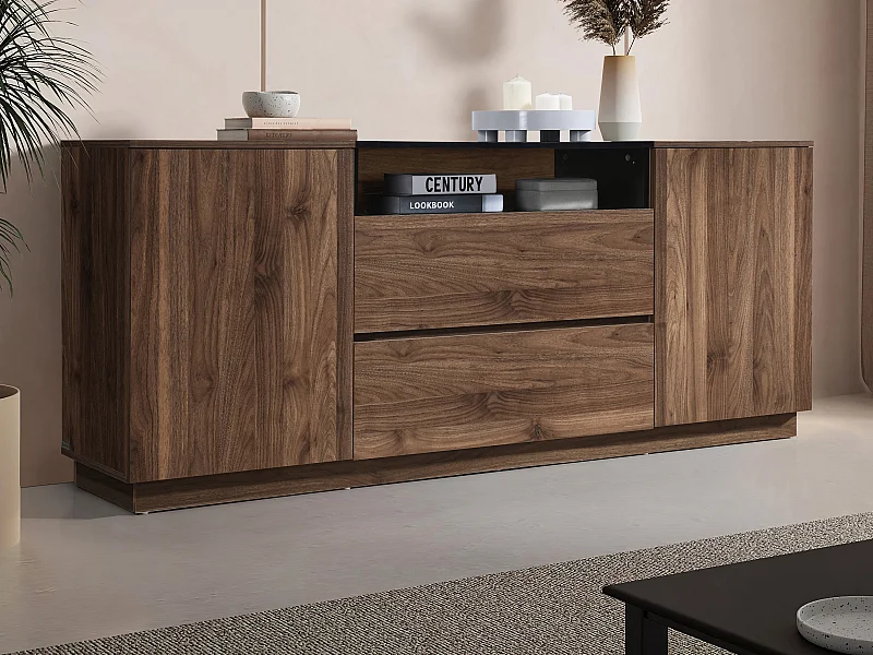 Buffet avec 2 portes, 2 tiroirs et 1 niche - Naturel foncé et noir - CEMILINA