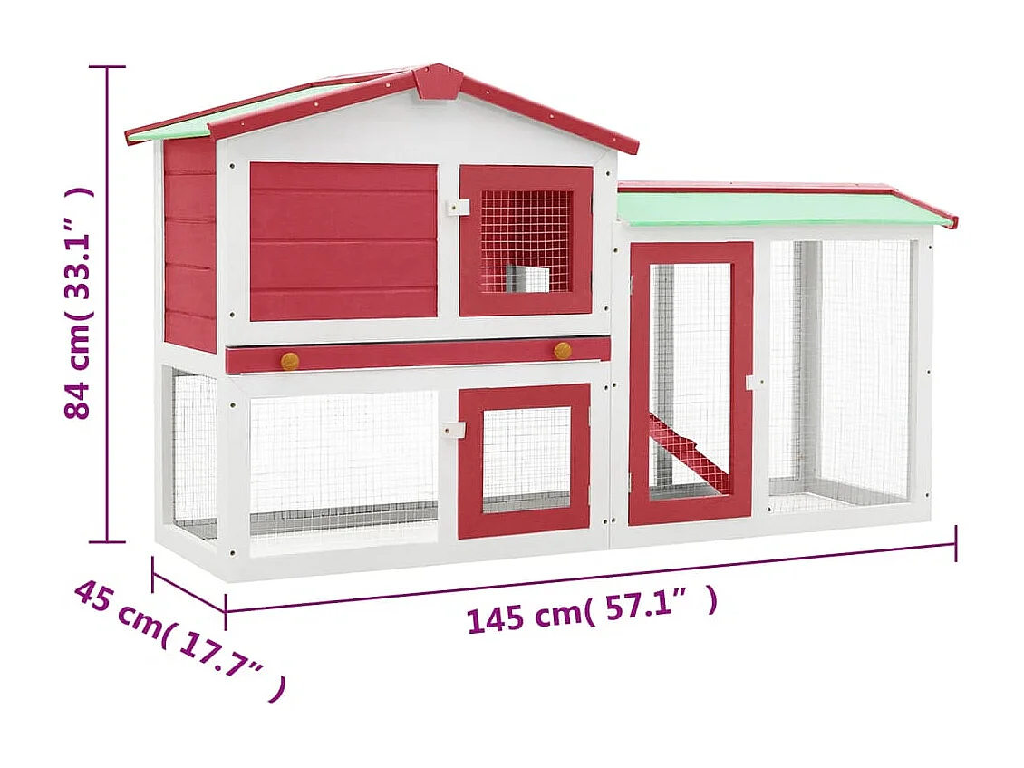 Clapier large d'extérieur Rouge et blanc 145x45x84 cm Bois