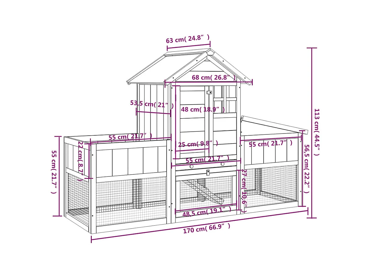Clapier marron 170x63x113 cm bois de pin massif