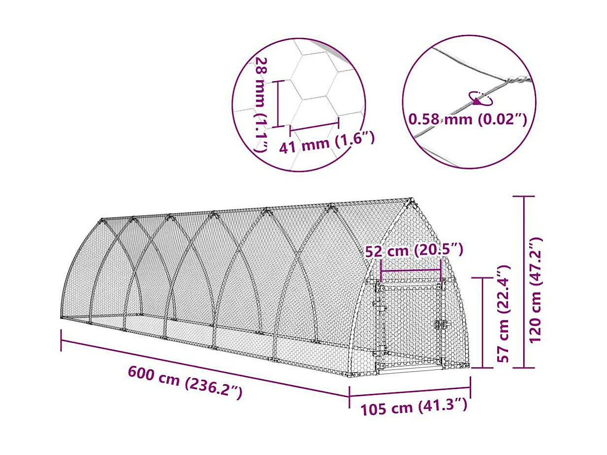 Cage pour poules argenté 600x105x120 cm acier galvanisé