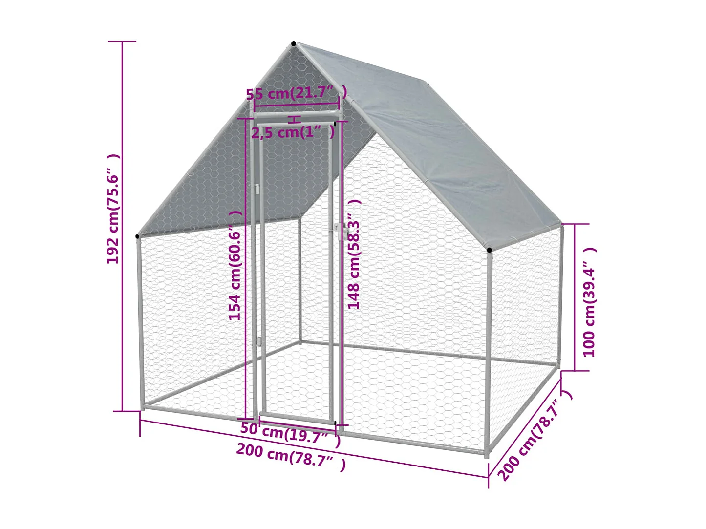 Gabbia per polli da esterno in acciaio zincato 2 x 2 x 1,92 m