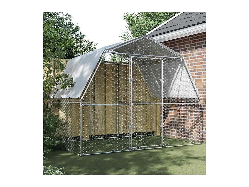 Cage à poules avec toit et porte argenté acier galvanisé
