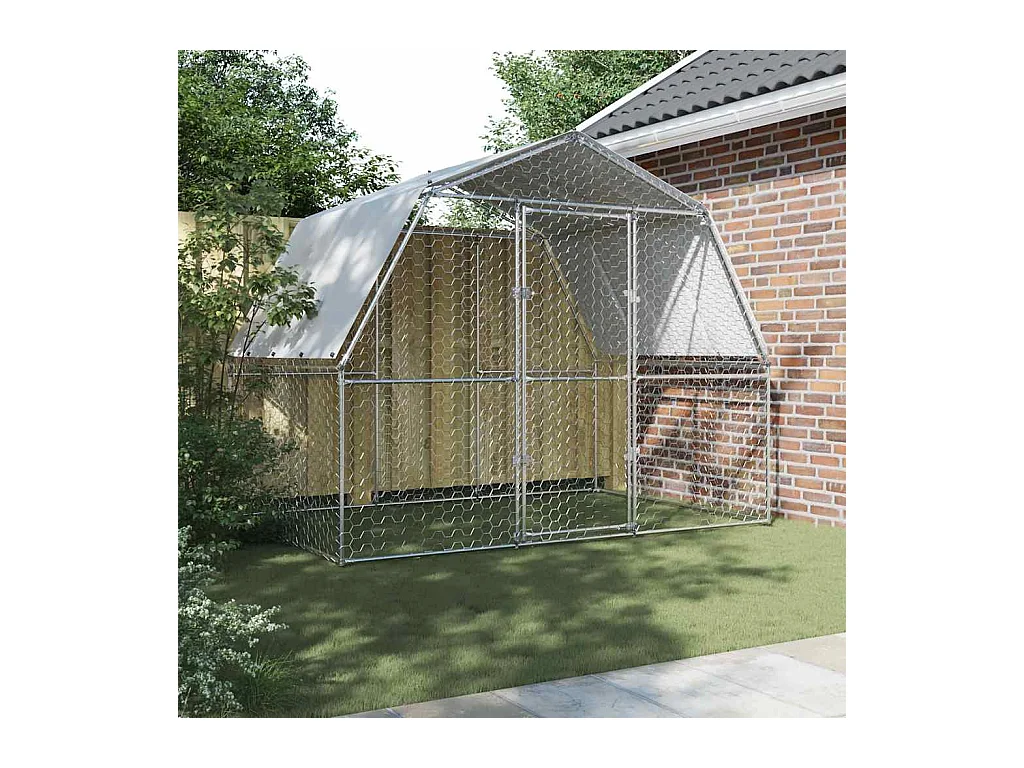 Cage à poules avec toit et porte argenté acier galvanisé