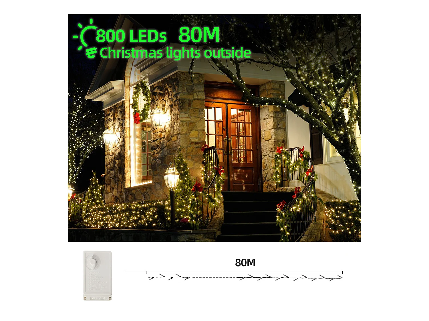 800 LED, lumière chaude LED, étanche, lumières de Noël, norme européenne, 80 mètres