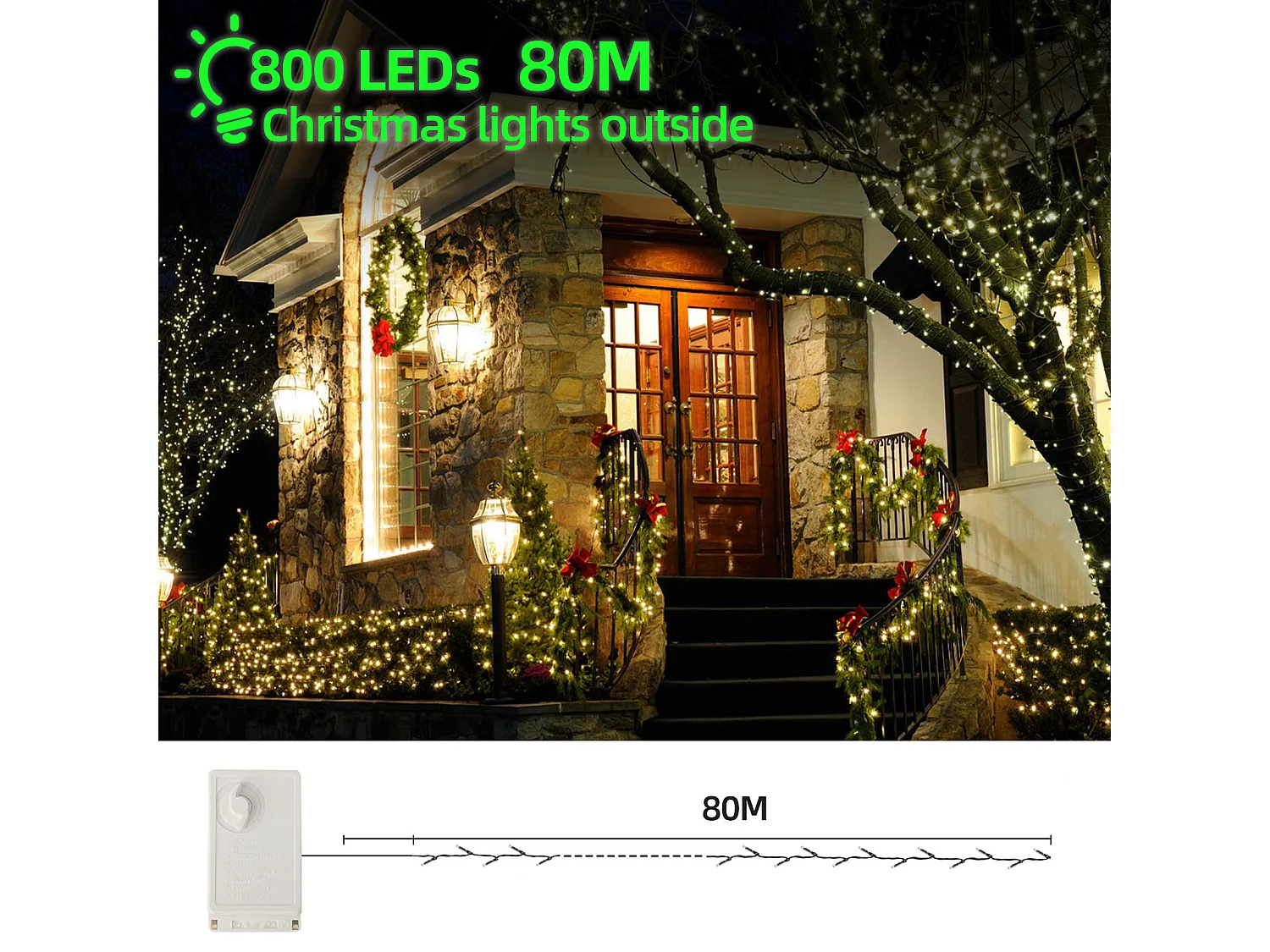 800 LED, luz quente LED, à prova d'água, luzes de Natal, padrão europeu, 80 metros