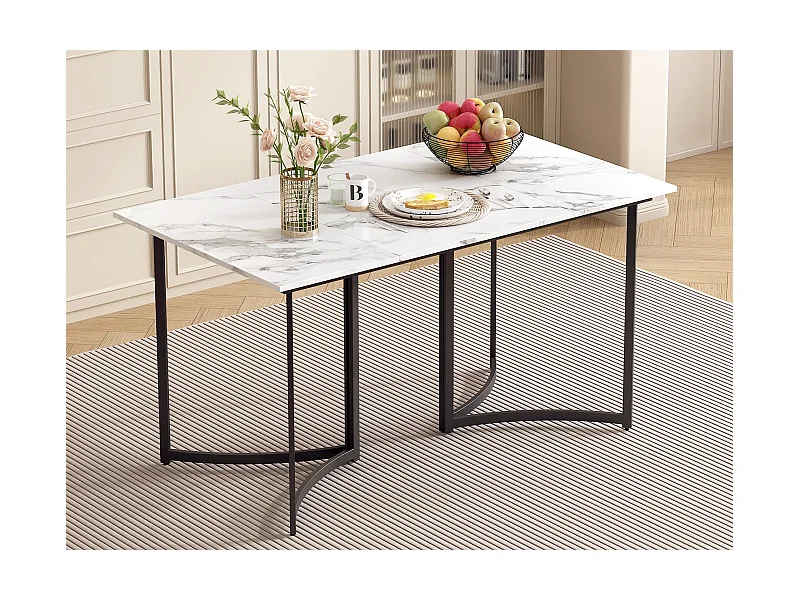 Esszimmer-Tisch für 4 Personen - Gekrümmte, schwarze Tischbasis - Tischplatte mit Marmor-Effekt - Weiß