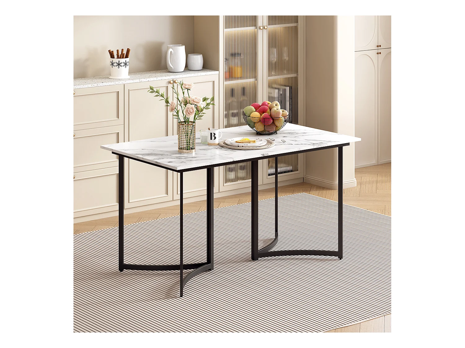 Mesa de comedor para 4 personas - Base de mesa curva negra - Tablero con efecto mármol - Blanco