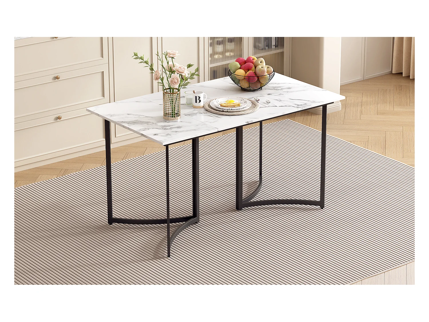 Mesa de comedor para 4 personas - Base de mesa curva negra - Tablero con efecto mármol - Blanco