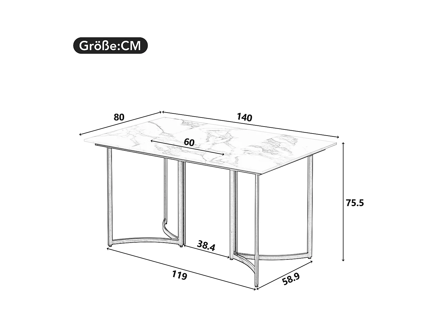Mesa de comedor para 4 personas - Base de mesa curva negra - Tablero con efecto mármol - Blanco