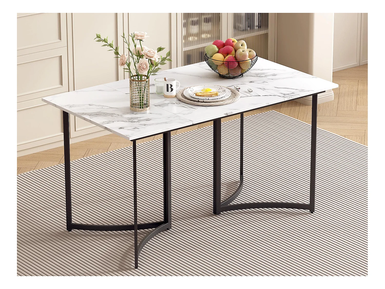 Esszimmer-Tisch für 4 Personen - Gekrümmte, schwarze Tischbasis - Tischplatte mit Marmor-Effekt - Weiß
