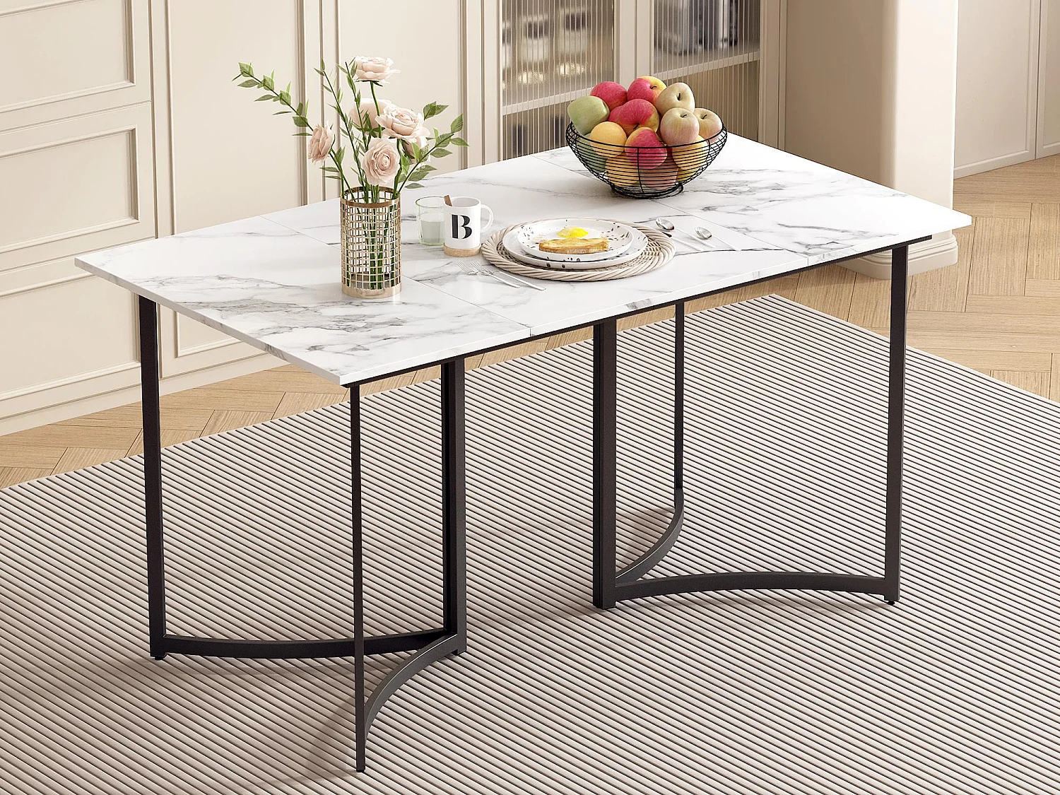 Mesa de jantar para 4 pessoas - Base de mesa curva preta - Tampo com efeito mármore - Bran