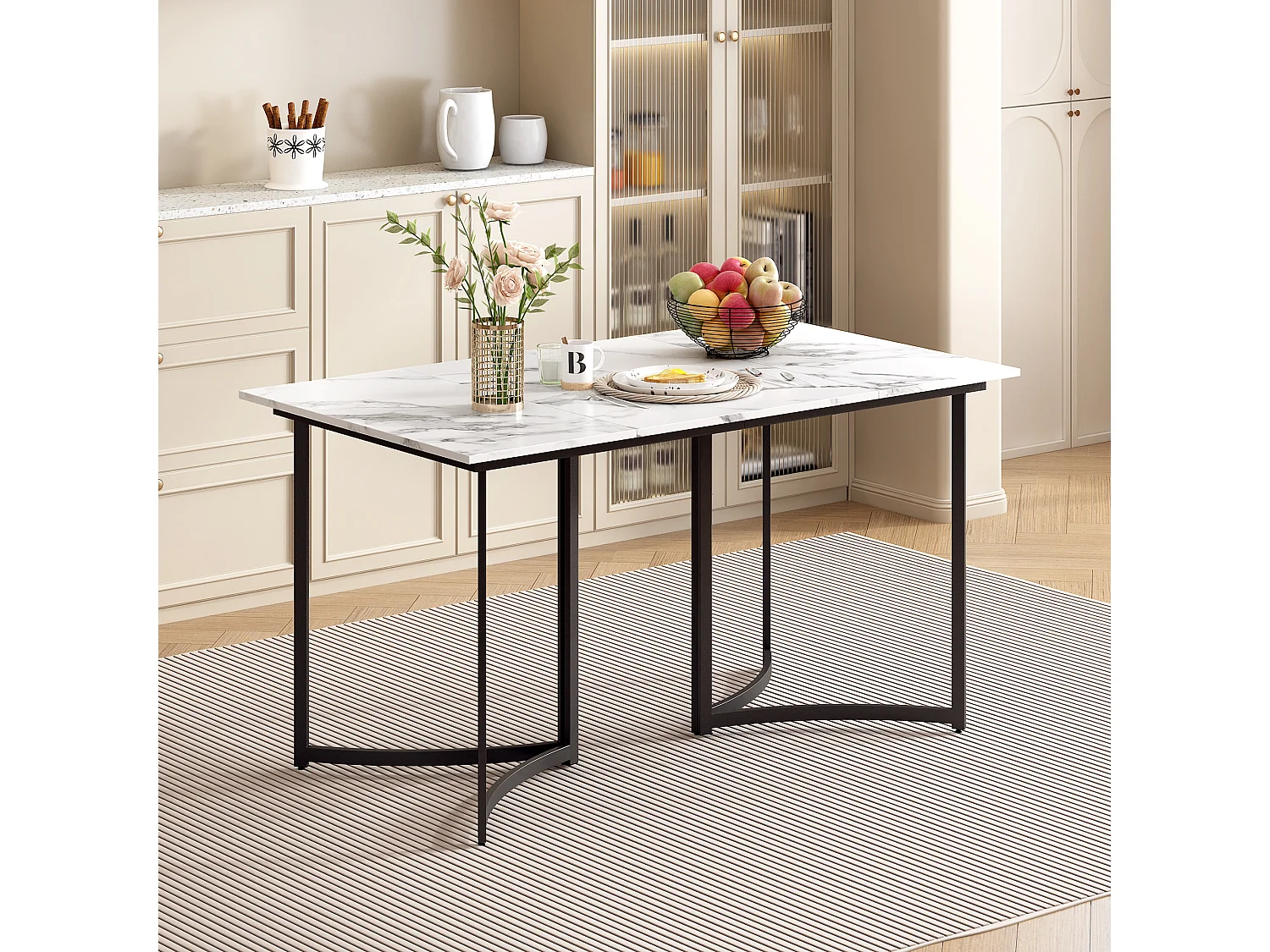 Mesa de jantar para 4 pessoas - Base de mesa curva preta - Tampo com efeito mármore - Bran