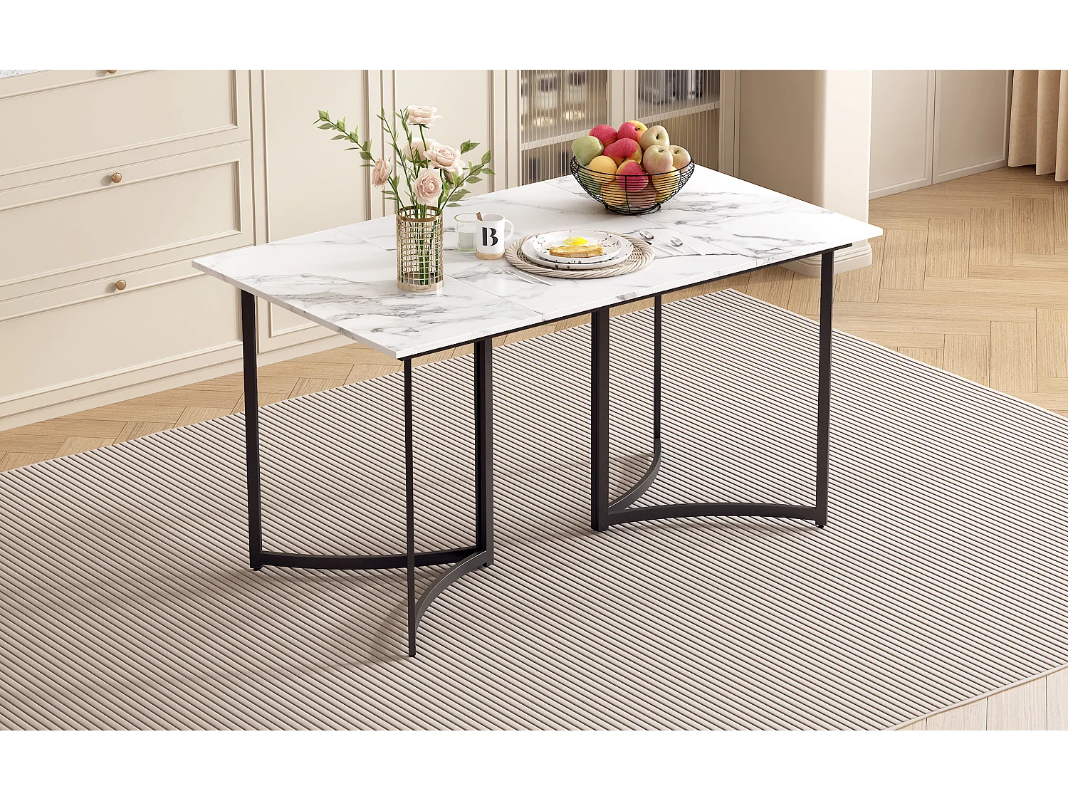 Mesa de jantar para 4 pessoas - Base de mesa curva preta - Tampo com efeito mármore - Bran