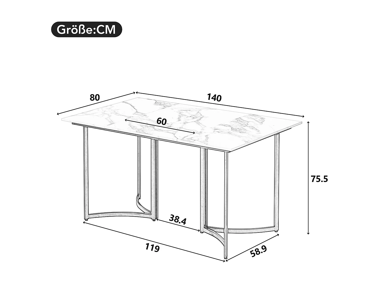 Mesa de jantar para 4 pessoas - Base de mesa curva preta - Tampo com efeito mármore - Bran
