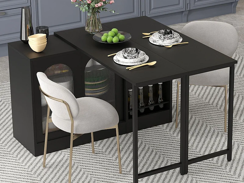 Ilot central de cuisine - avec plateau escamotable pivotante - avec portes vitrées et espace de rangement - MDF - Noir