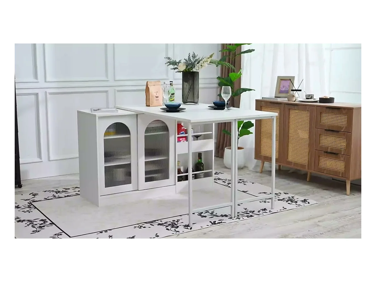 Ilot central de cuisine - avec plateau escamotable pivotante - avec portes vitrées et espace de rangement - MDF - Noir