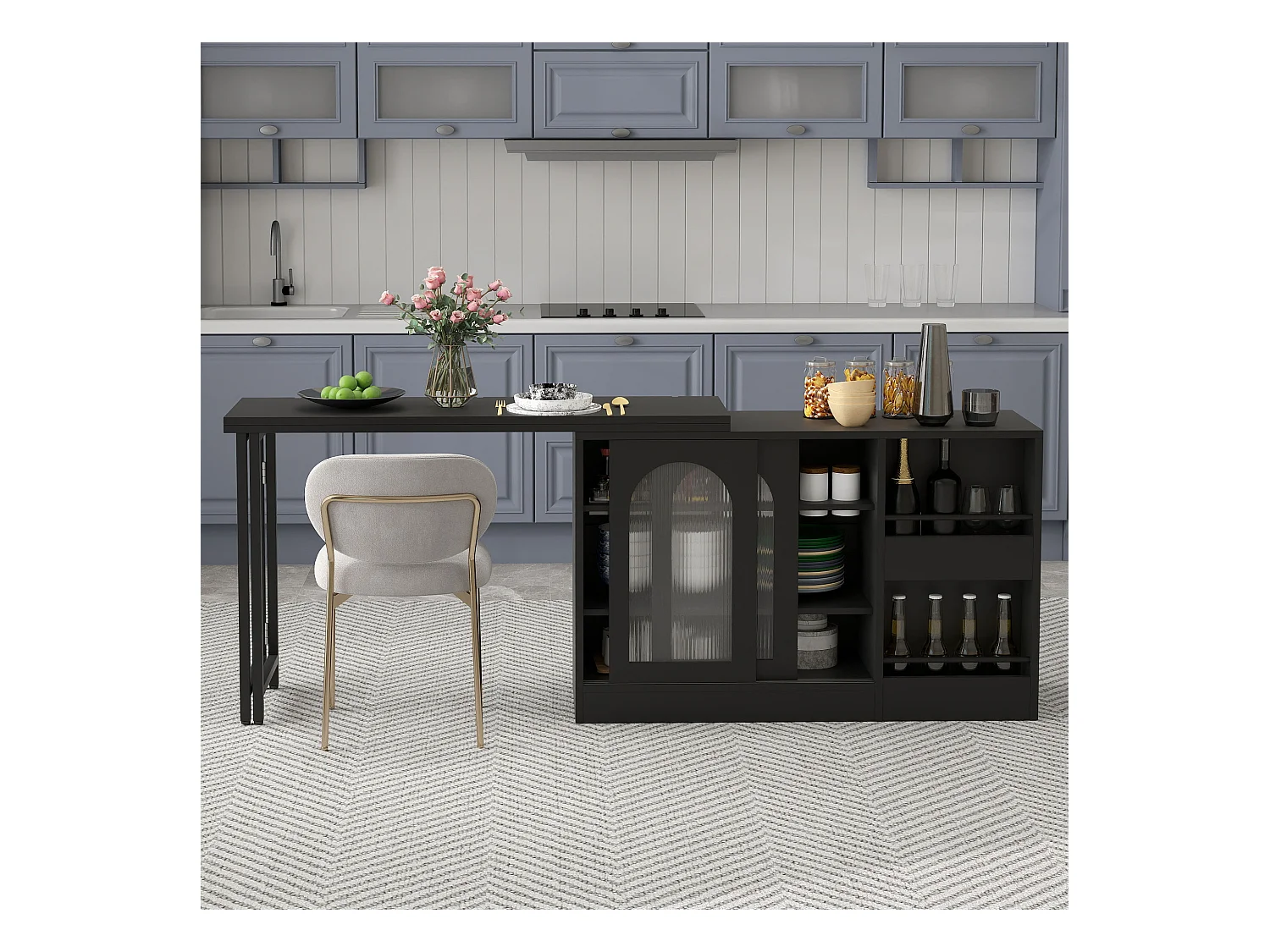 Zentrale Kücheninsel - mit drehbarem ausziehbarem Tablett - mit Glasfenstern und Stauraum - MDF - Schwarz