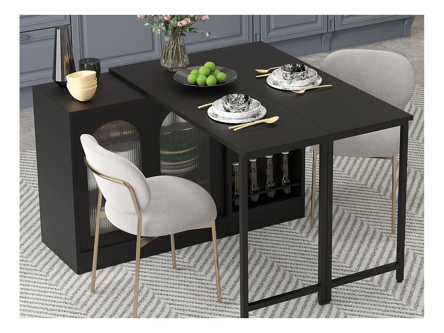 Ilot central de cuisine - avec plateau escamotable pivotante - avec portes vitrées et espace de rangement - MDF - Noir