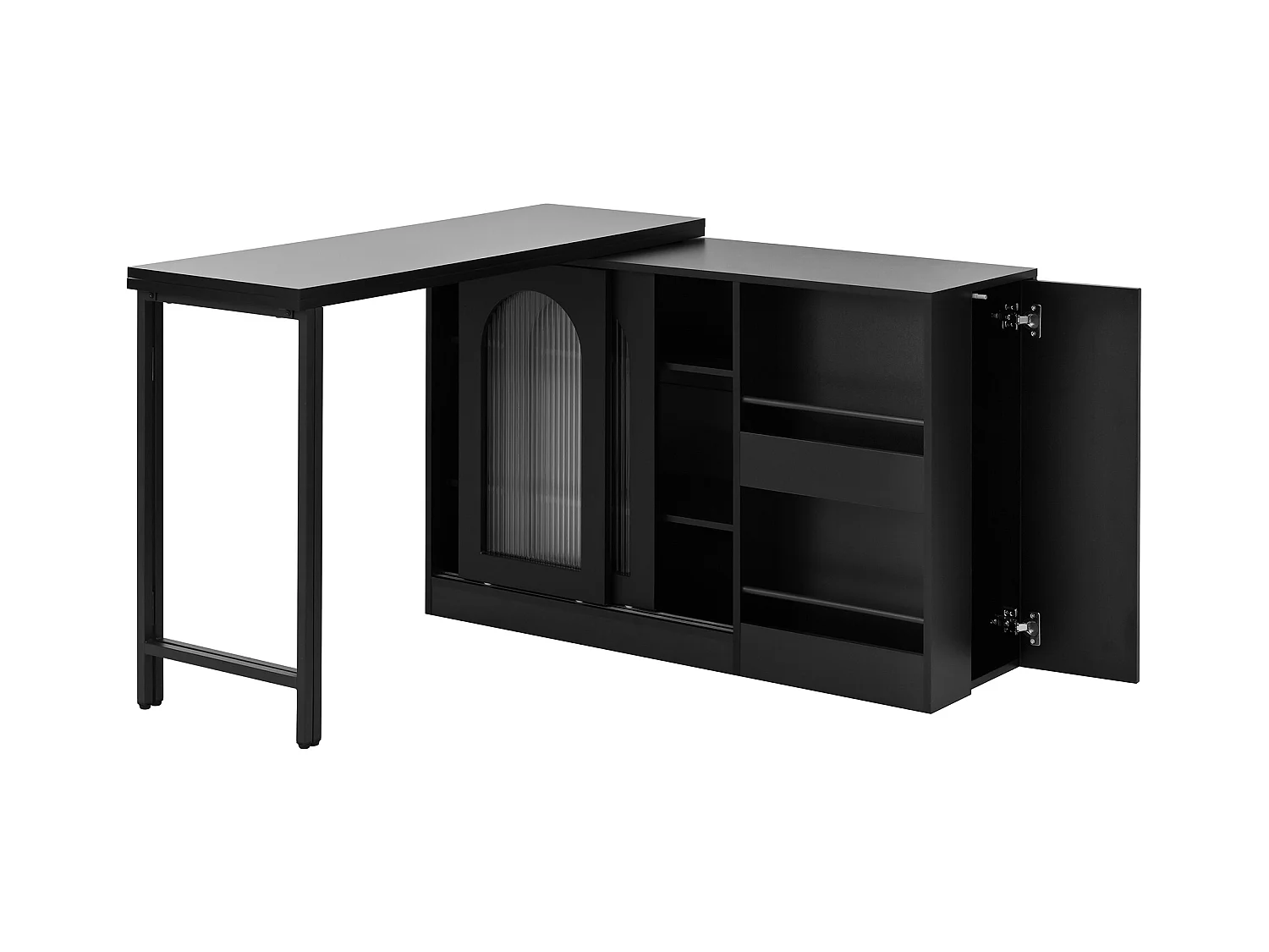 Ilot central de cuisine - avec plateau escamotable pivotante - avec portes vitrées et espace de rangement - MDF - Noir
