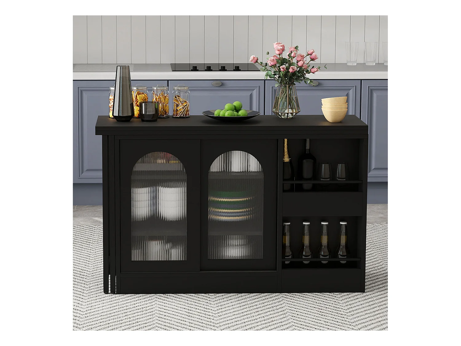 Ilot central de cuisine - avec plateau escamotable pivotante - avec portes vitrées et espace de rangement - MDF - Noir