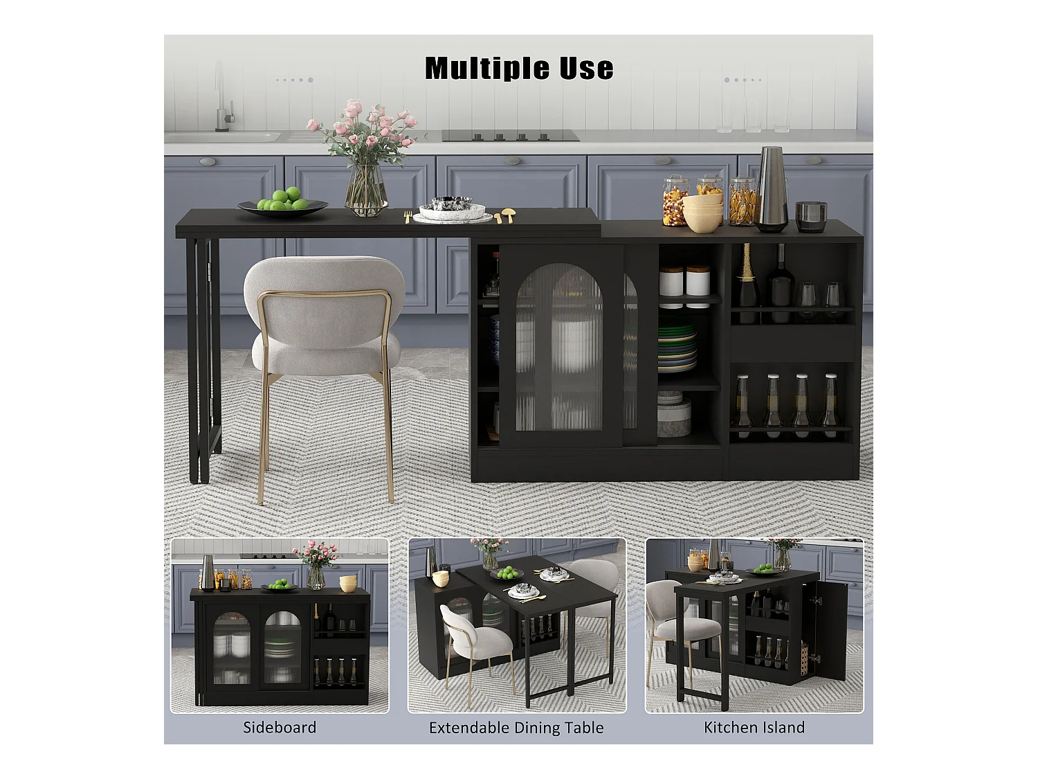 Ilot central de cuisine - avec plateau escamotable pivotante - avec portes vitrées et espace de rangement - MDF - Noir