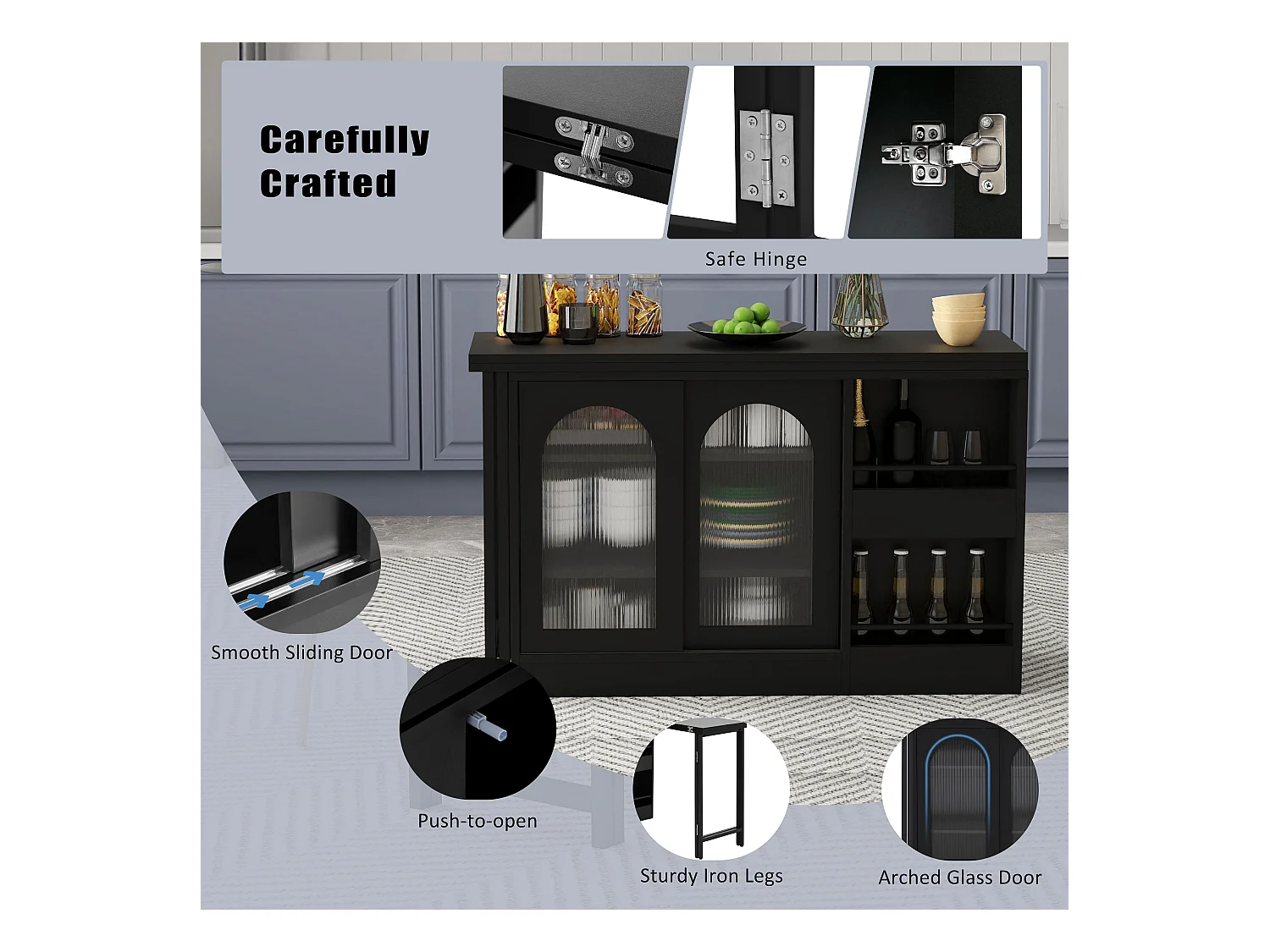 Ilot central de cuisine - avec plateau escamotable pivotante - avec portes vitrées et espace de rangement - MDF - Noir