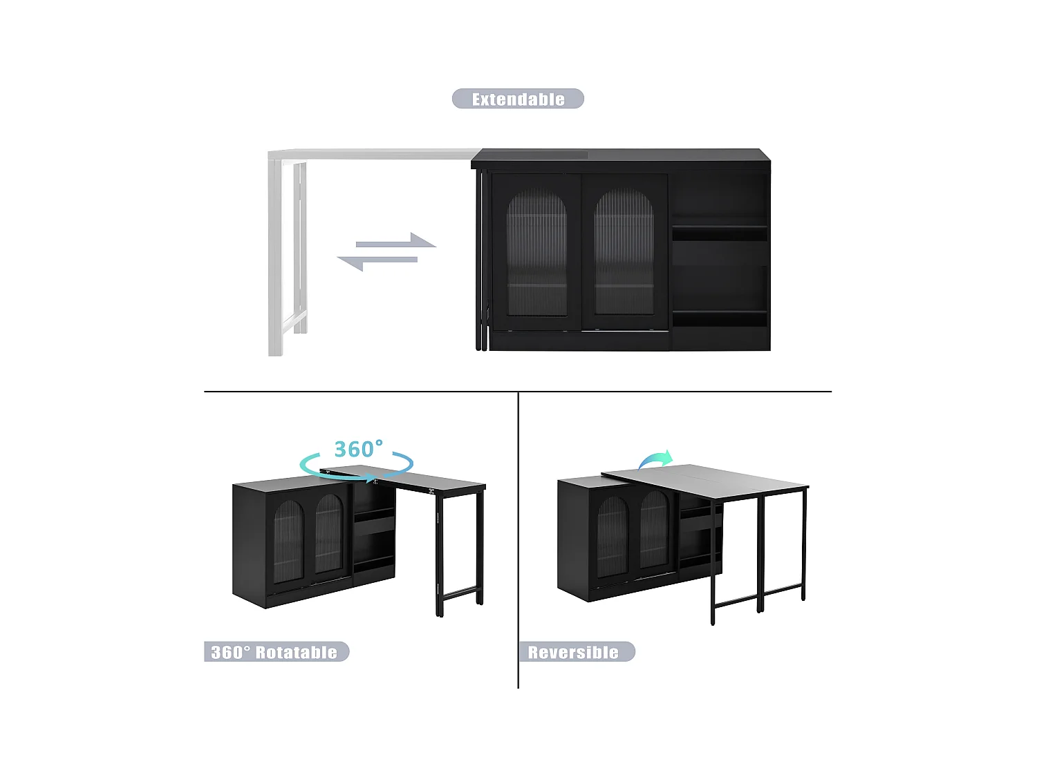 Ilot central de cuisine - avec plateau escamotable pivotante - avec portes vitrées et espace de rangement - MDF - Noir