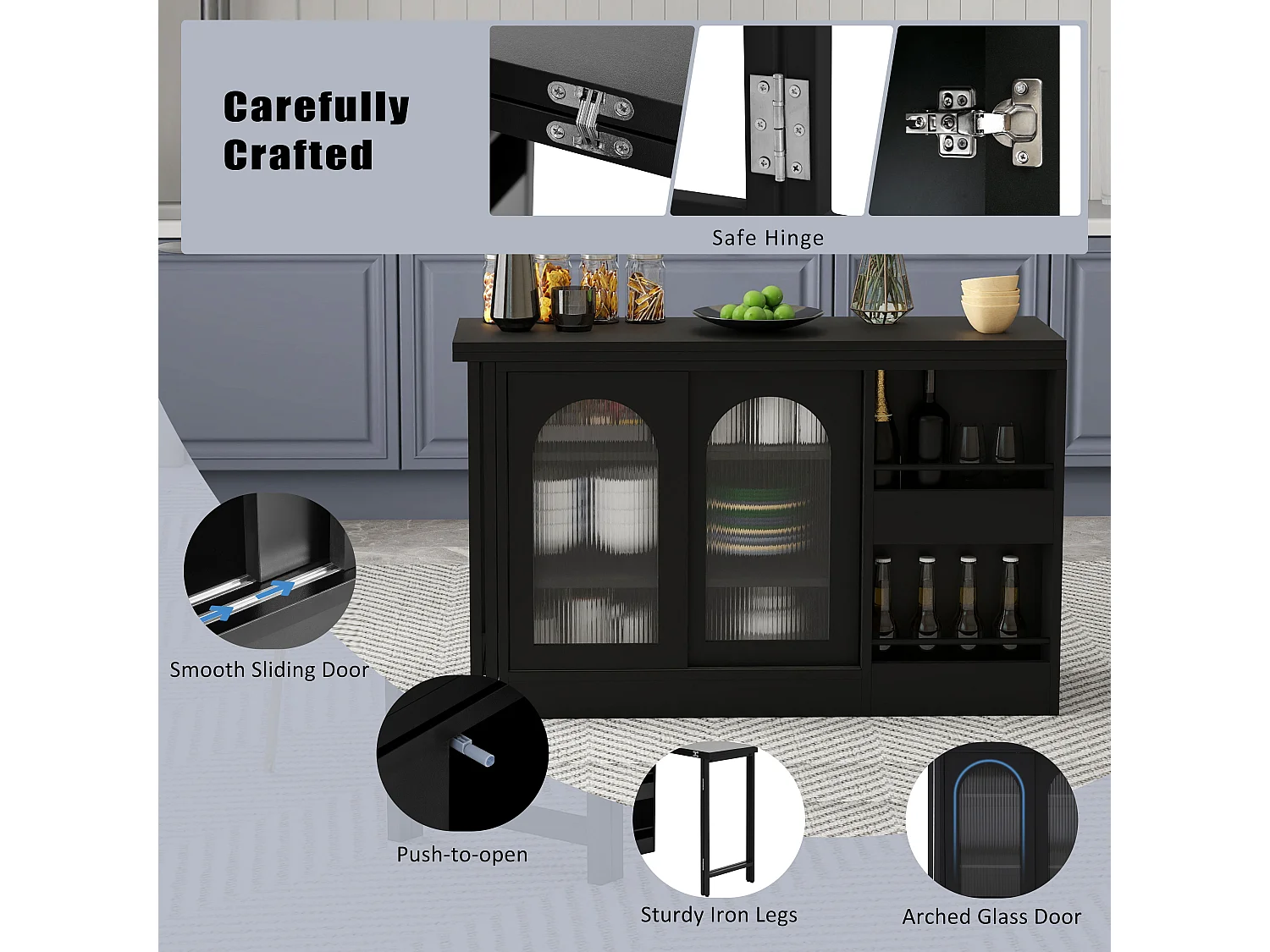 Wyspa kuchenna - z obrotowym, chowanym blatem - z przeszklonymi drzwiami i przestrzenią do przechowywania - MDF - Czarny