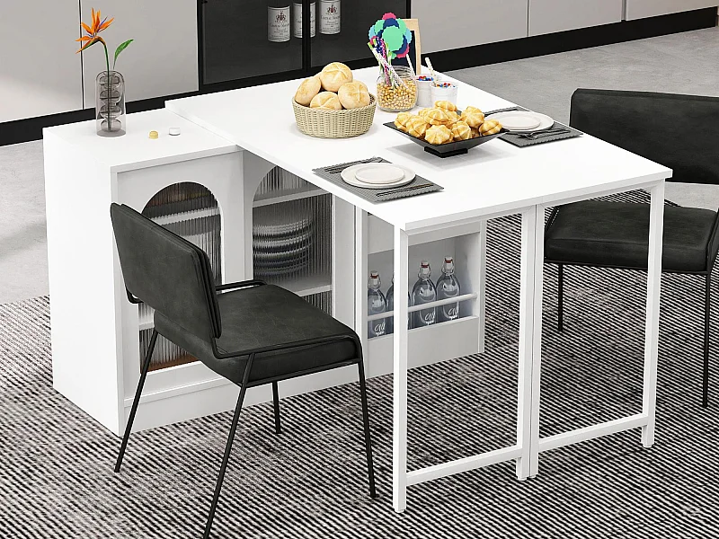 Zentrale Kücheninsel - mit drehbarem ausziehbarem Tablett - mit Glasfenstern und Stauraum - MDF - Weiß