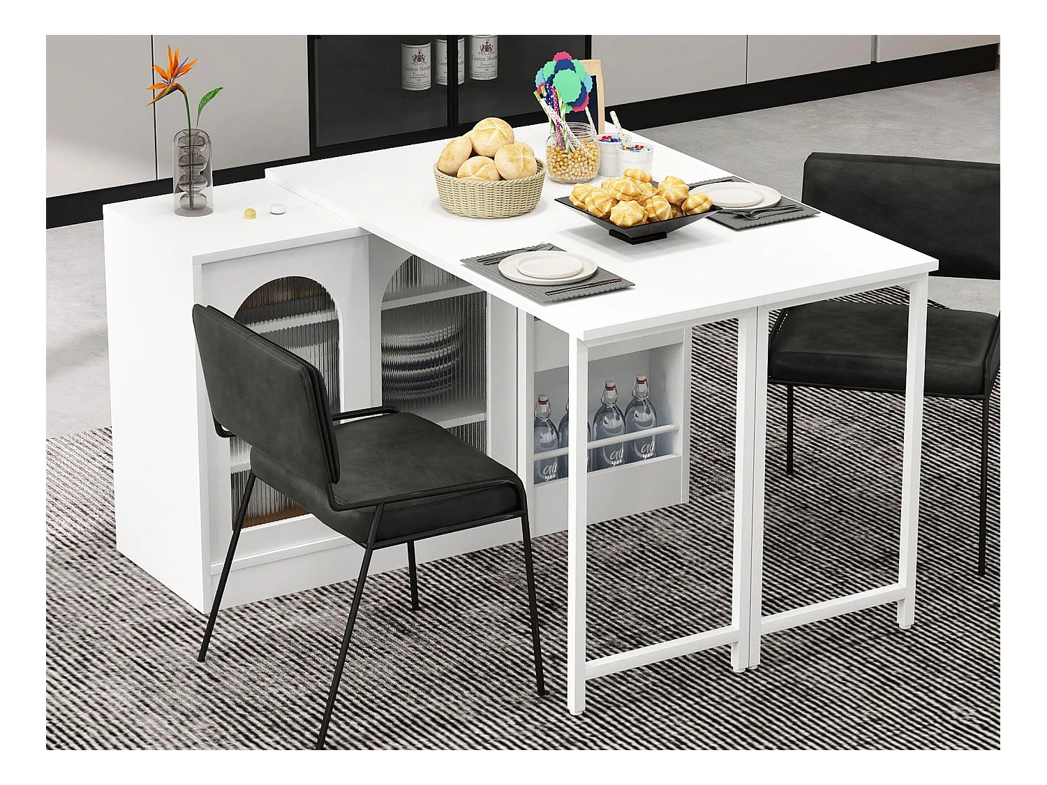 Ilot central de cuisine - avec plateau escamotable pivotante - avec portes vitrées et espace de rangement - MDF - Blanc