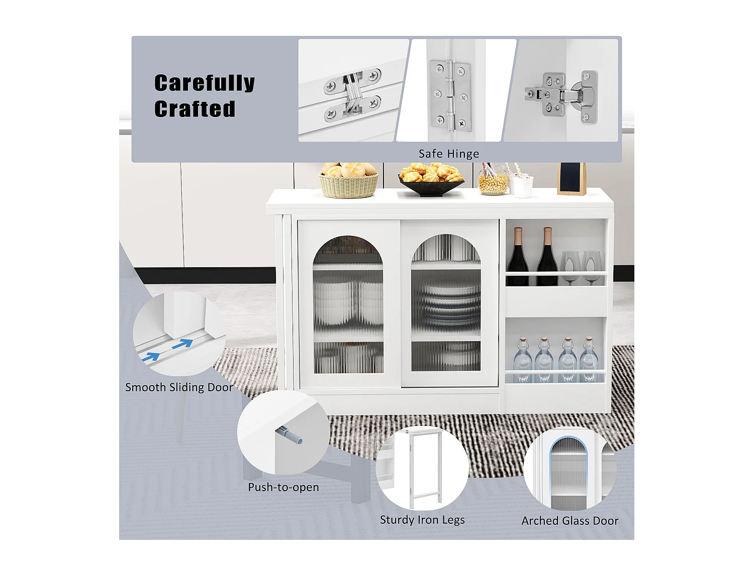 Ilot central de cuisine - avec plateau escamotable pivotante - avec portes vitrées et espace de rangement - MDF - Blanc