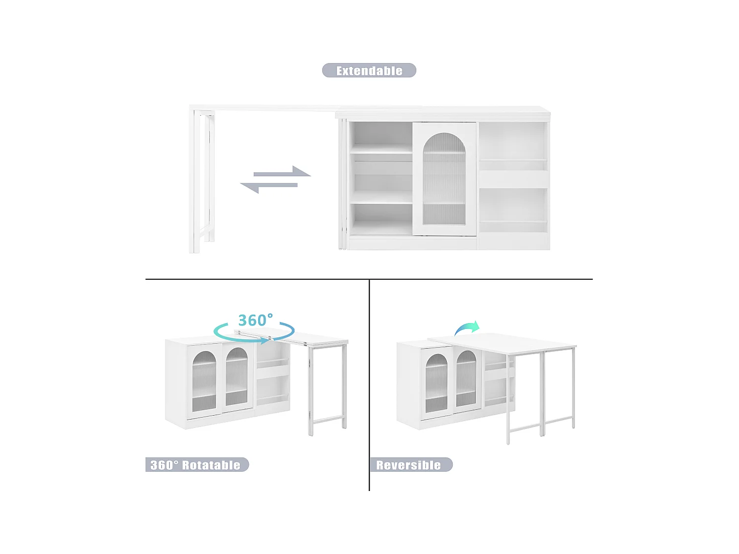 Ilot central de cuisine - avec plateau escamotable pivotante - avec portes vitrées et espace de rangement - MDF - Blanc