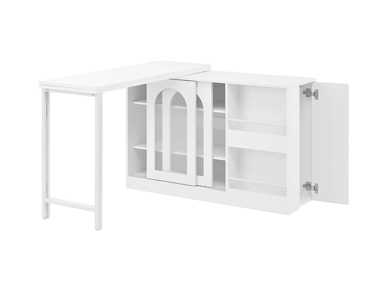 Ilot central de cuisine - avec plateau escamotable pivotante - avec portes vitrées et espace de rangement - MDF - Blanc