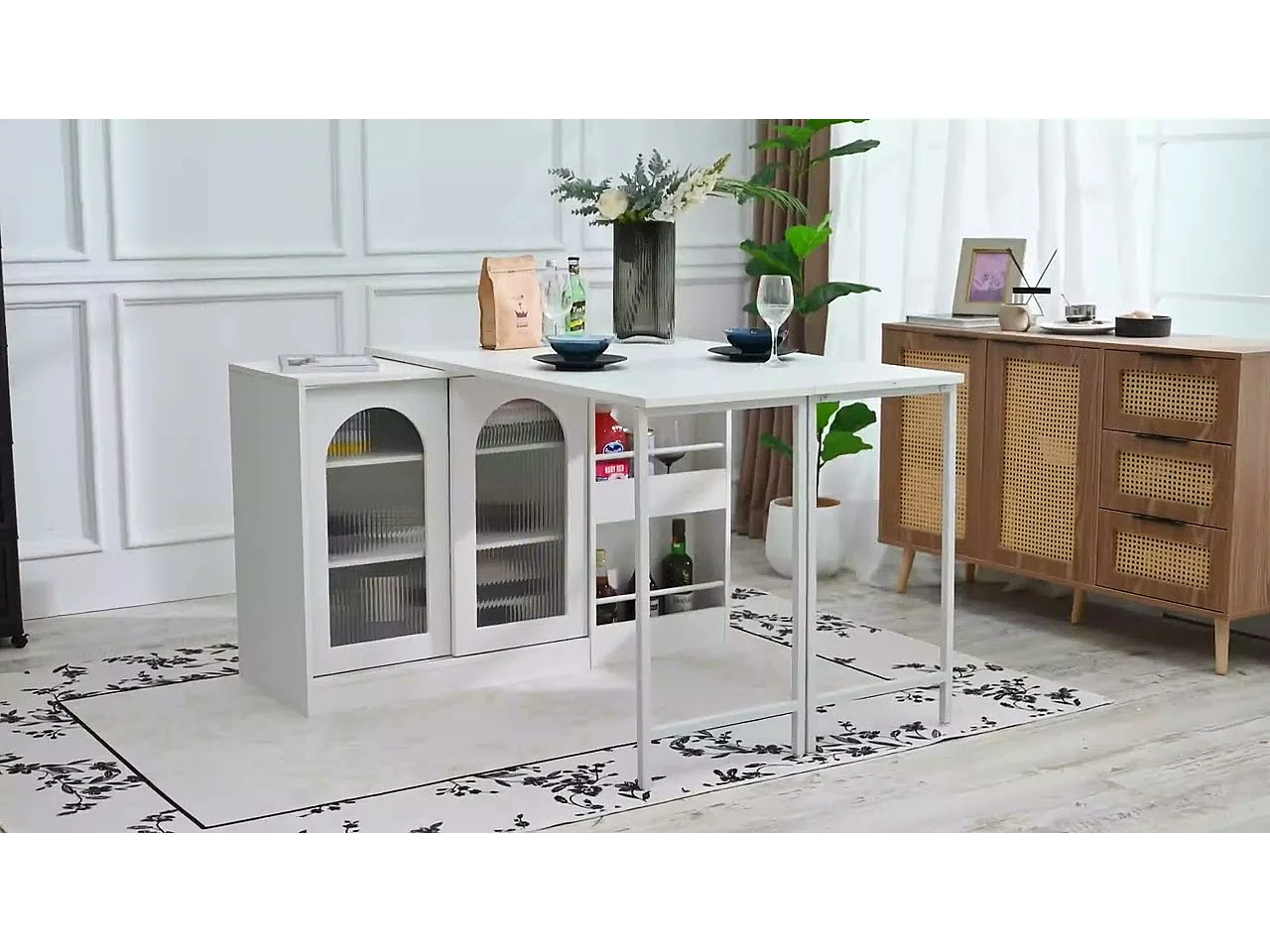 Wyspa kuchenna - z obrotowym, chowanym blatem - z przeszklonymi drzwiami i przestrzenią do przechowywania - MDF - Biały