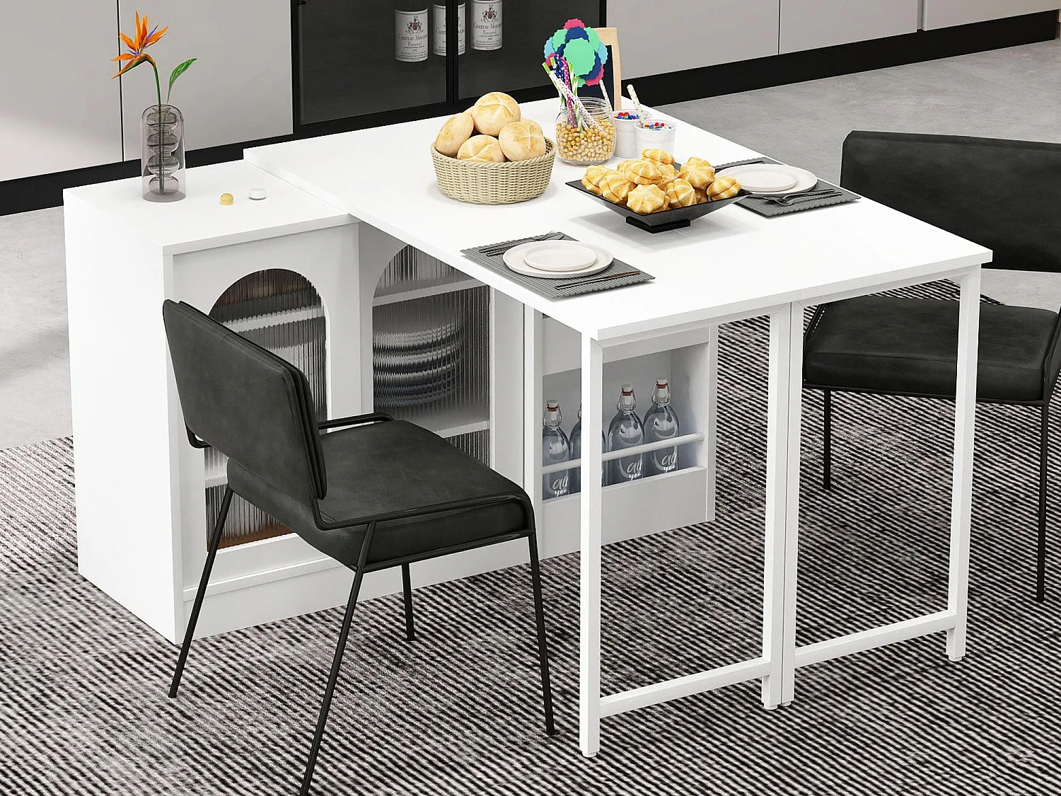 Ilot central de cuisine - avec plateau escamotable pivotante - avec portes vitrées et espace de rangement - MDF - Blanc