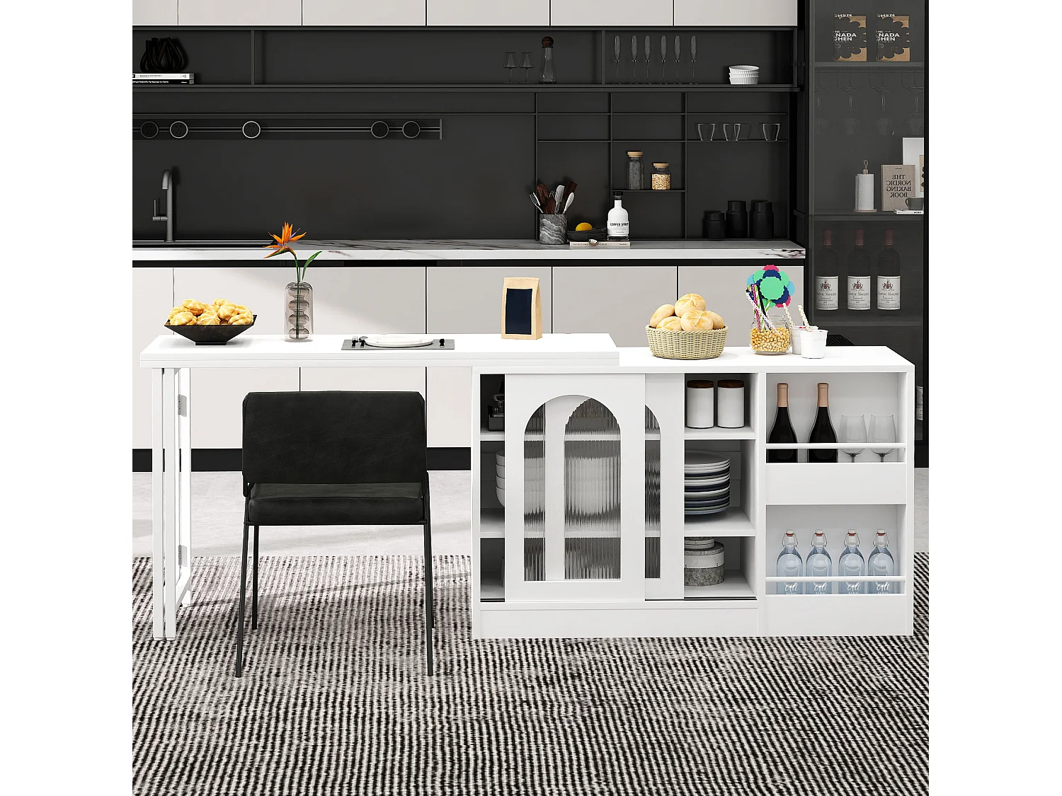 Ilot central de cuisine - avec plateau escamotable pivotante - avec portes vitrées et espace de rangement - MDF - Blanc