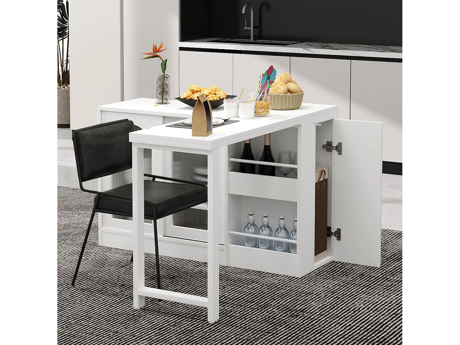 Ilot central de cuisine - avec plateau escamotable pivotante - avec portes vitrées et espace de rangement - MDF - Blanc