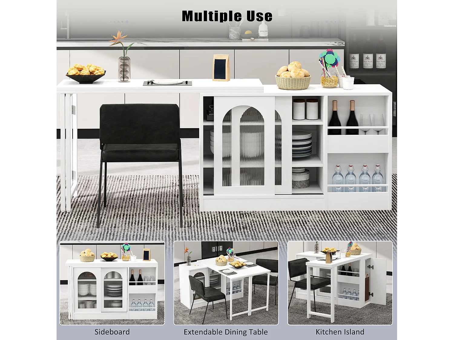 Ilot central de cuisine - avec plateau escamotable pivotante - avec portes vitrées et espace de rangement - MDF - Blanc