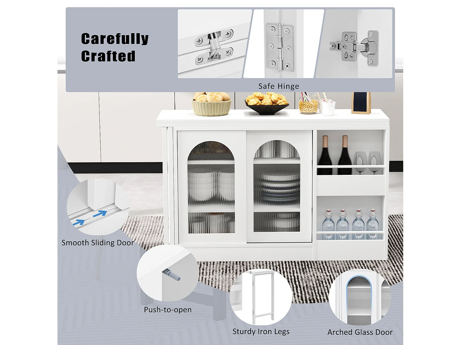 Ilot central de cuisine - avec plateau escamotable pivotante - avec portes vitrées et espace de rangement - MDF - Blanc