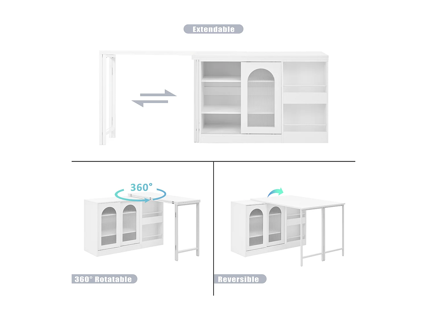 Ilot central de cuisine - avec plateau escamotable pivotante - avec portes vitrées et espace de rangement - MDF - Blanc