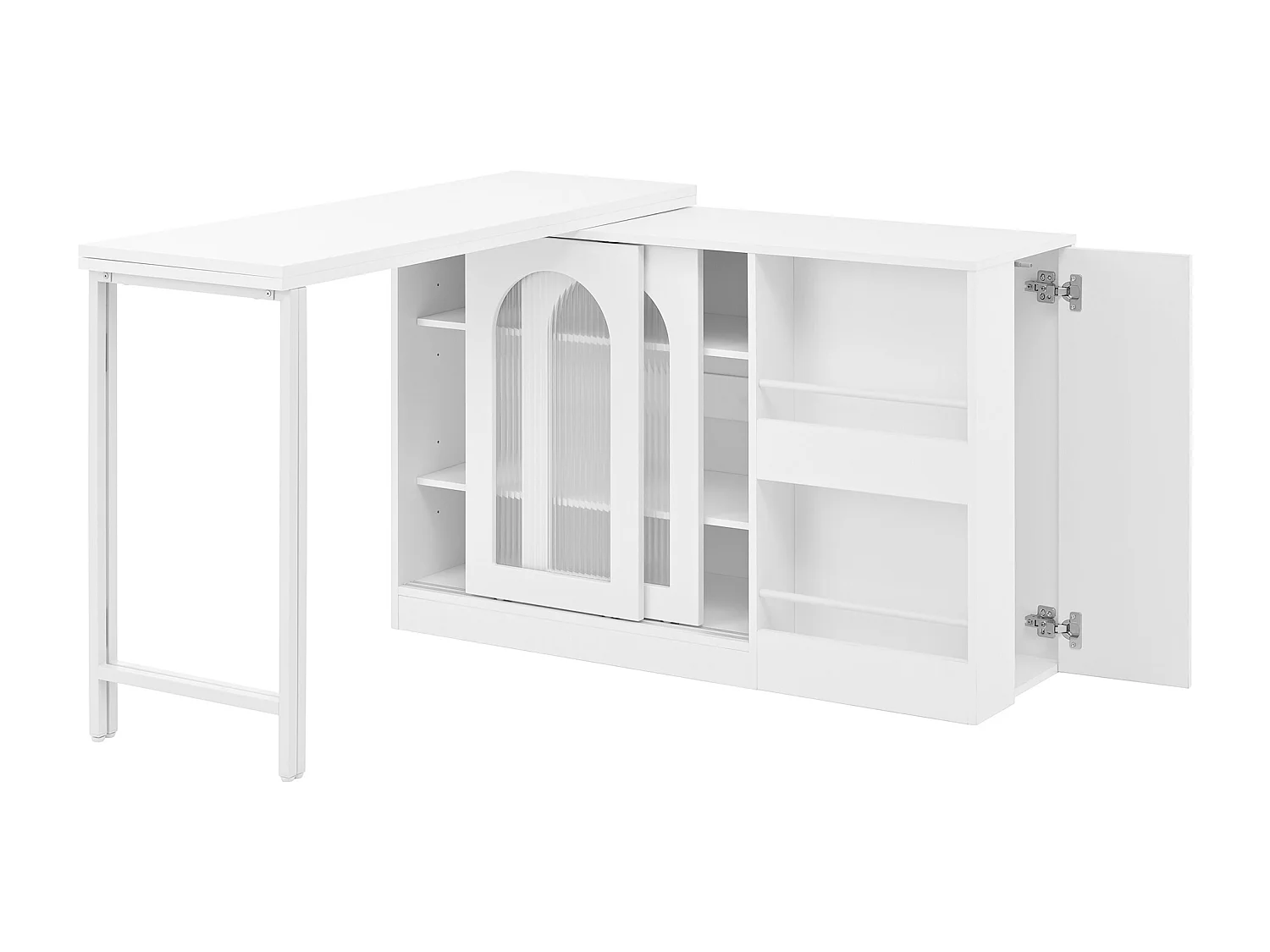 Ilot central de cuisine - avec plateau escamotable pivotante - avec portes vitrées et espace de rangement - MDF - Blanc
