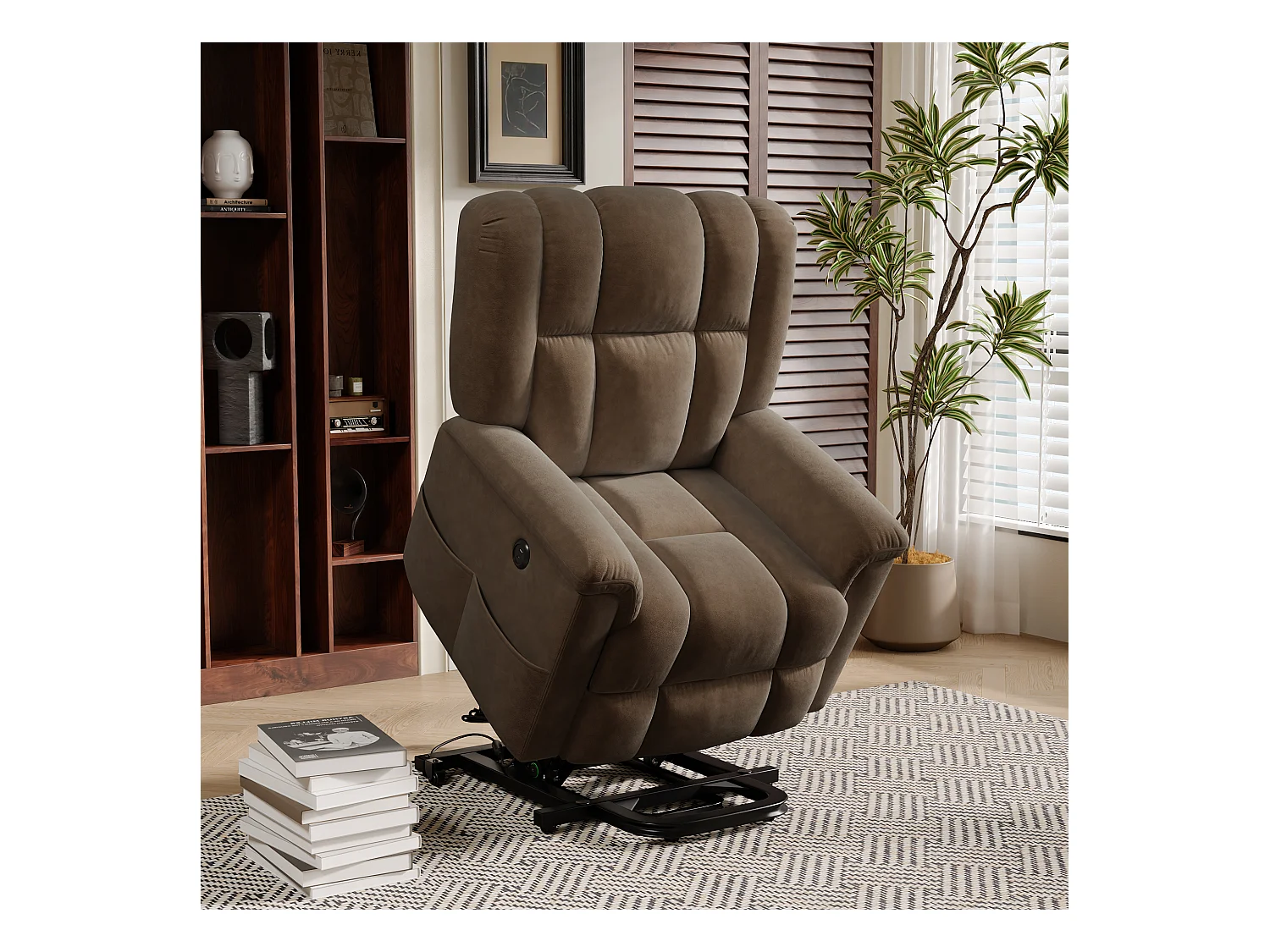 Poltrona de massagem elétrica, massagem lombar de 8 pontos + aquecimento de 2 pontos, porta USB + TIPO C, veludo, marrom