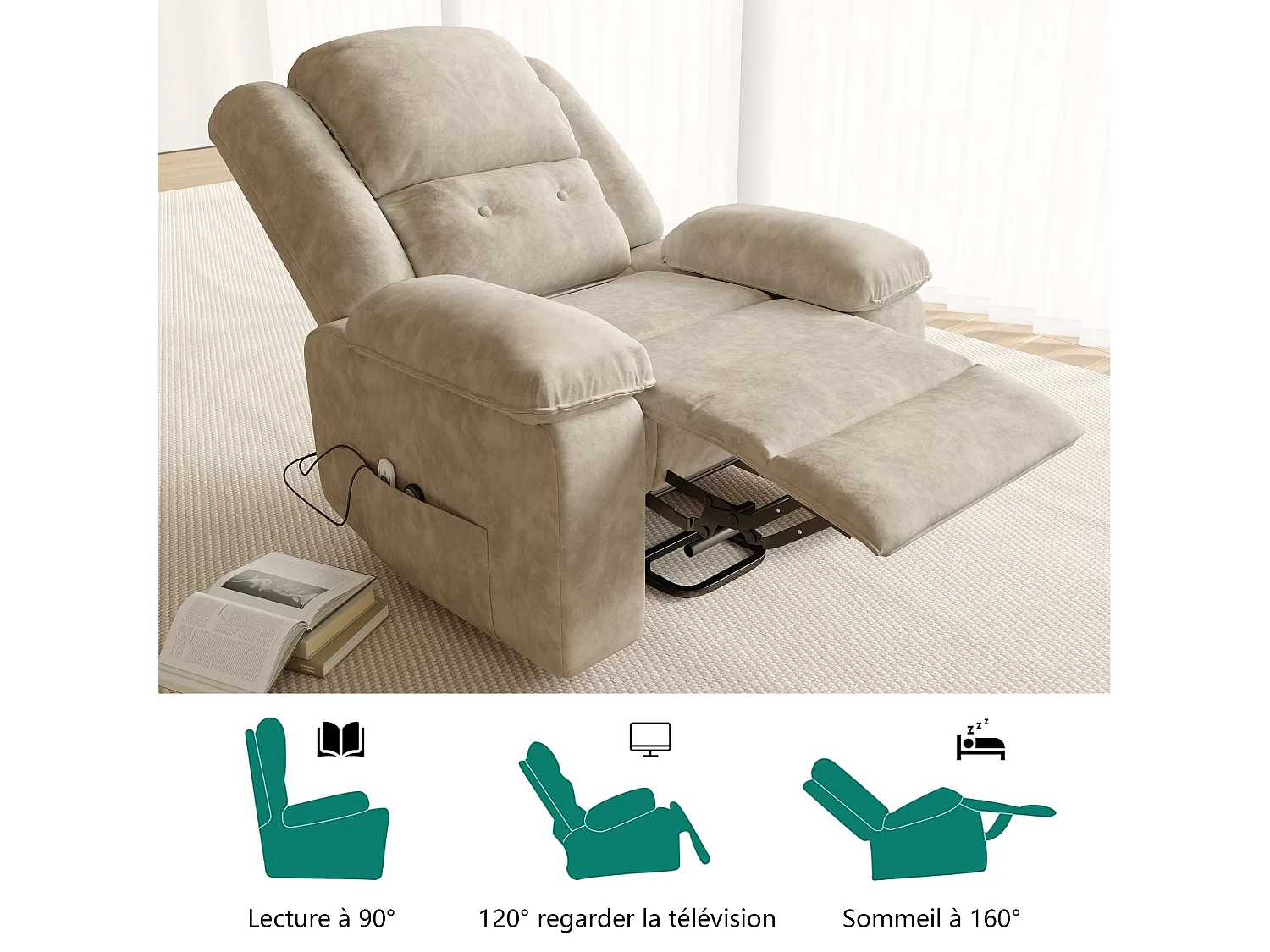 Fauteuil inclinable électrique 160° avec télécommande, massage 8 points + massage lombaire 2 points, cuir PU, marron