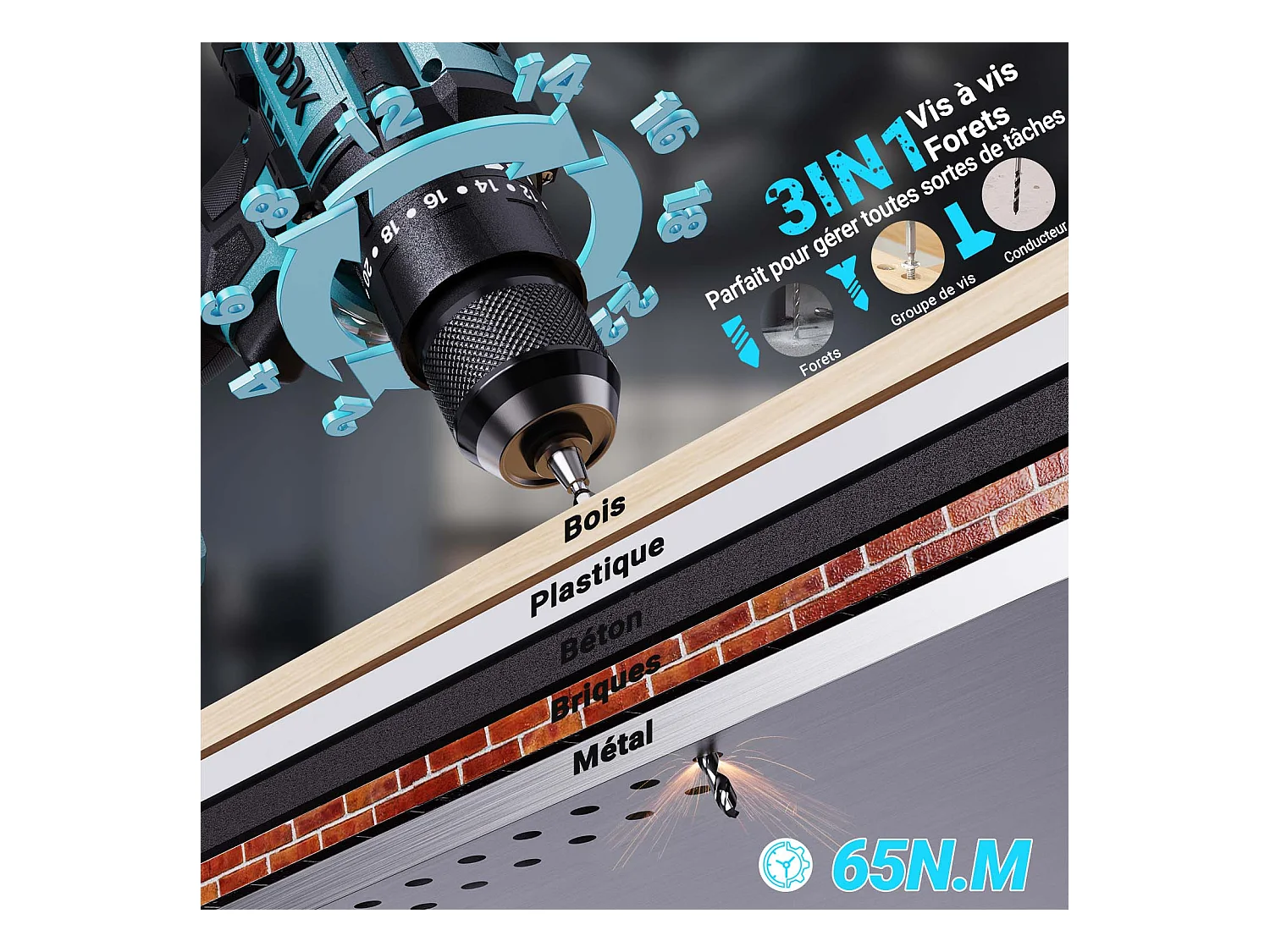 Furadeira com bateria de lítio de 21 V, 24 + 3 funções de percussão, 3 configurações de velocidade, conjunto de 22 peças, azul